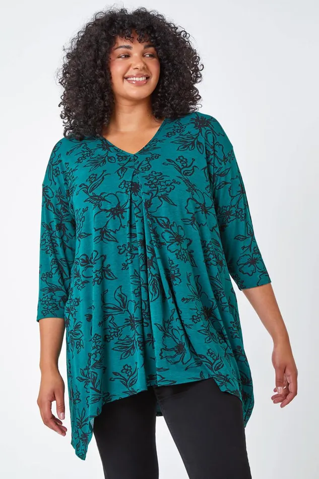 Green Curve Tie Back VNeck Floral Tunic Stretch Top Women Roman Tops