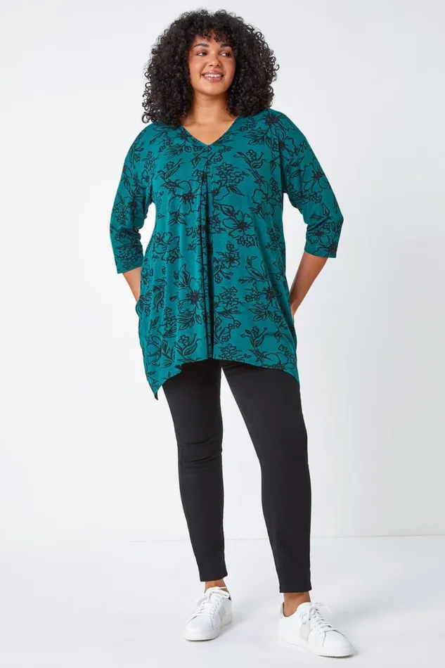 Green Curve Tie Back VNeck Floral Tunic Stretch Top Women Roman Tops