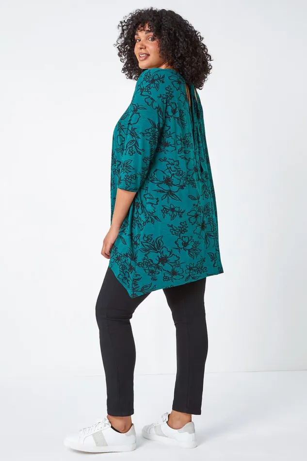Green Curve Tie Back VNeck Floral Tunic Stretch Top Women Roman Tops