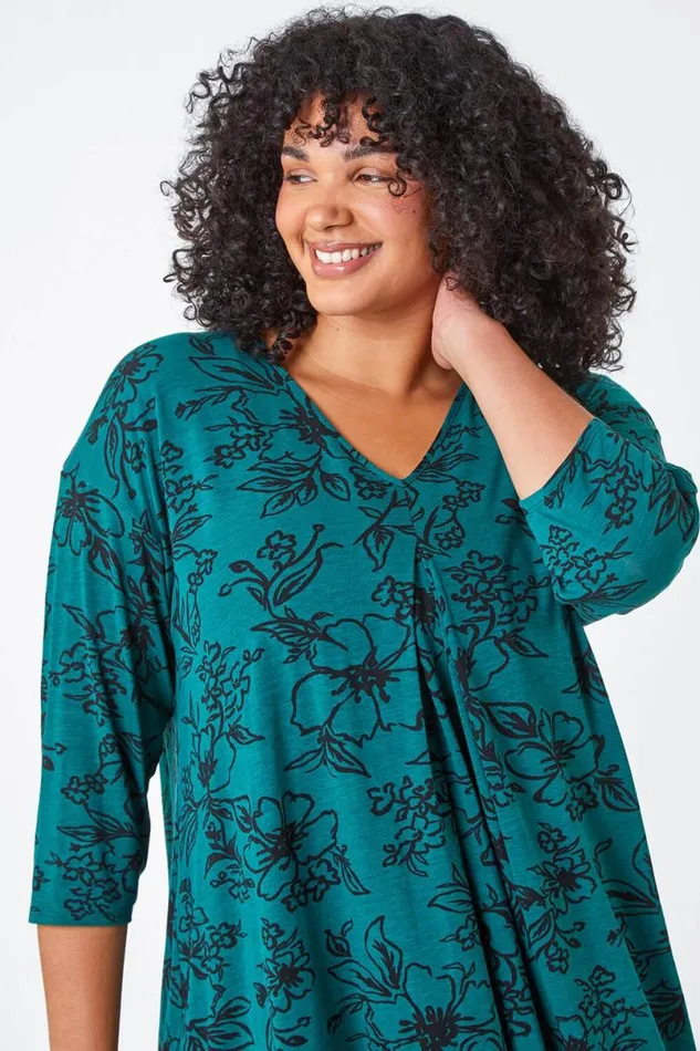 Green Curve Tie Back VNeck Floral Tunic Stretch Top Women Roman Tops