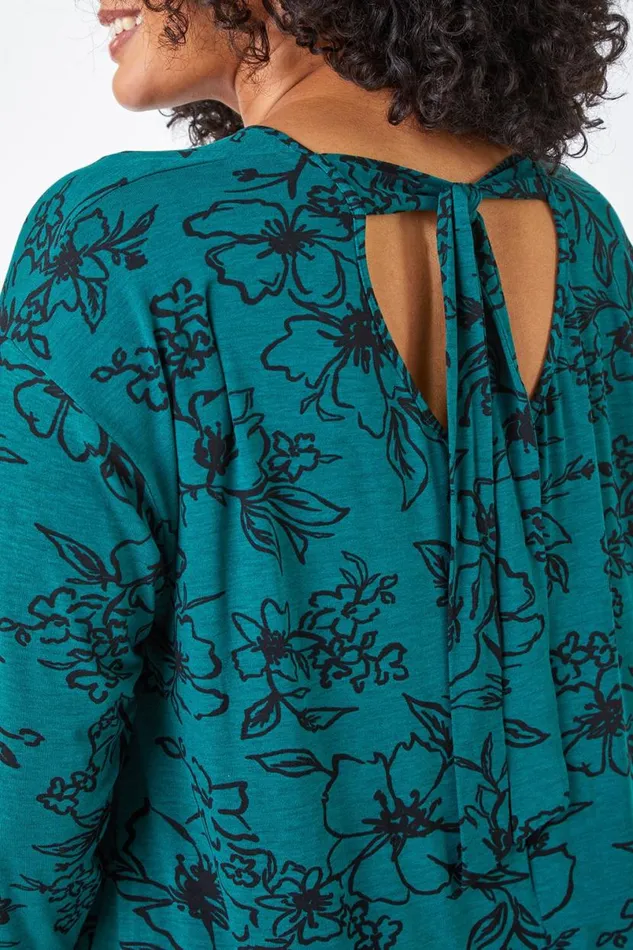 Green Curve Tie Back VNeck Floral Tunic Stretch Top Women Roman Tops