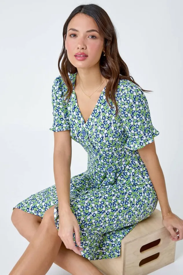 Green Ditsy Floral Side Button Dress Women Roman Dresses