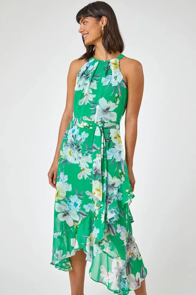 Green Floral Asymmetric Belted Midi Dress Women Roman Dresses