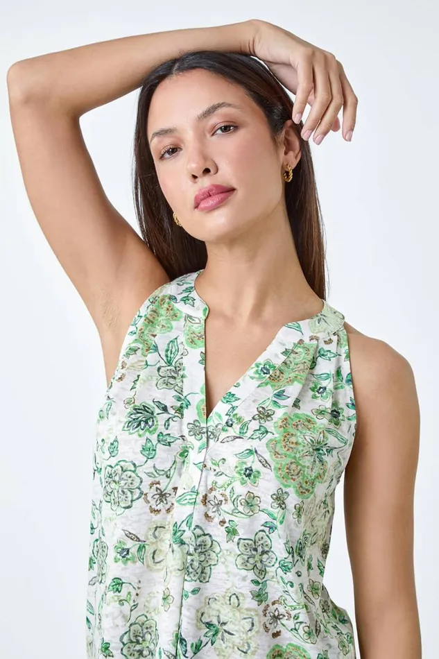 Green Floral Burnout Print VNeck Vest Top Women Roman Tops
