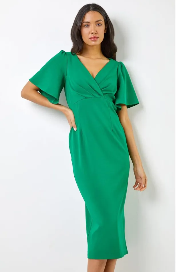 Green Gathered Wrap Front Midi Dress Women Roman Dresses
