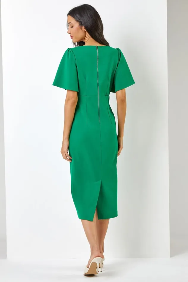 Green Gathered Wrap Front Midi Dress Women Roman Dresses