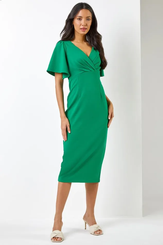Green Gathered Wrap Front Midi Dress Women Roman Dresses
