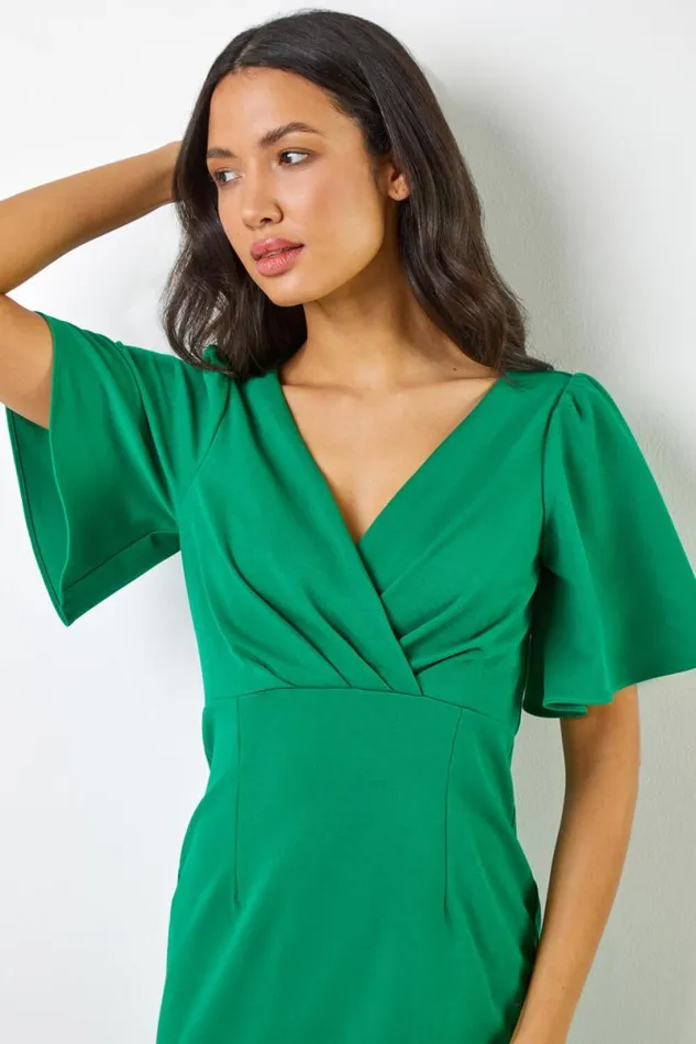 Green Gathered Wrap Front Midi Dress Women Roman Dresses