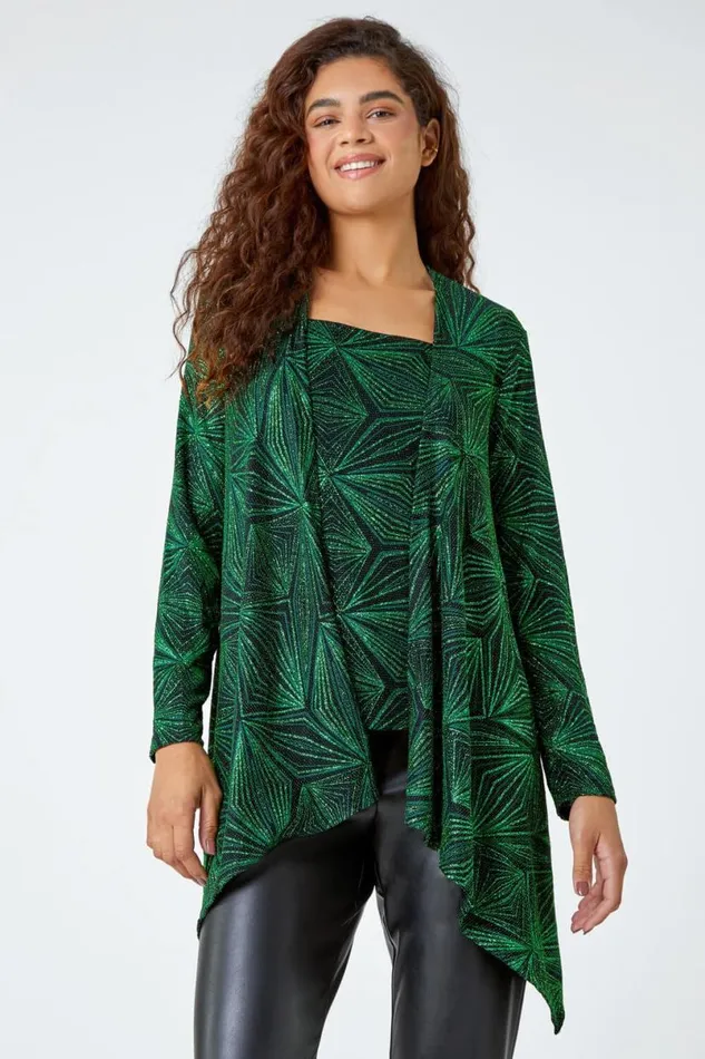 Green Geometric Sparkle Embellished Kimono Women Roman Tops