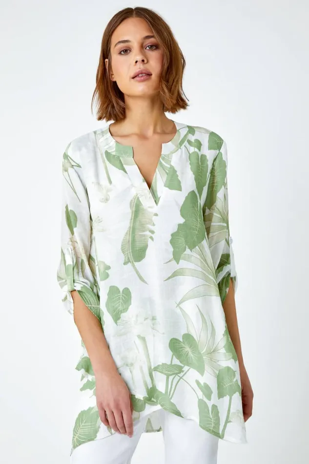 Green Palm Print Wrap Hem Tunic Top Women Roman Tops