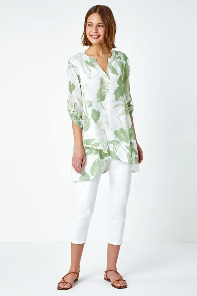 Green Palm Print Wrap Hem Tunic Top Women Roman Tops
