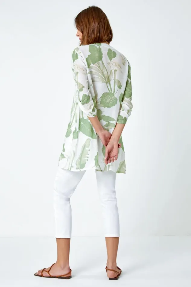 Green Palm Print Wrap Hem Tunic Top Women Roman Tops