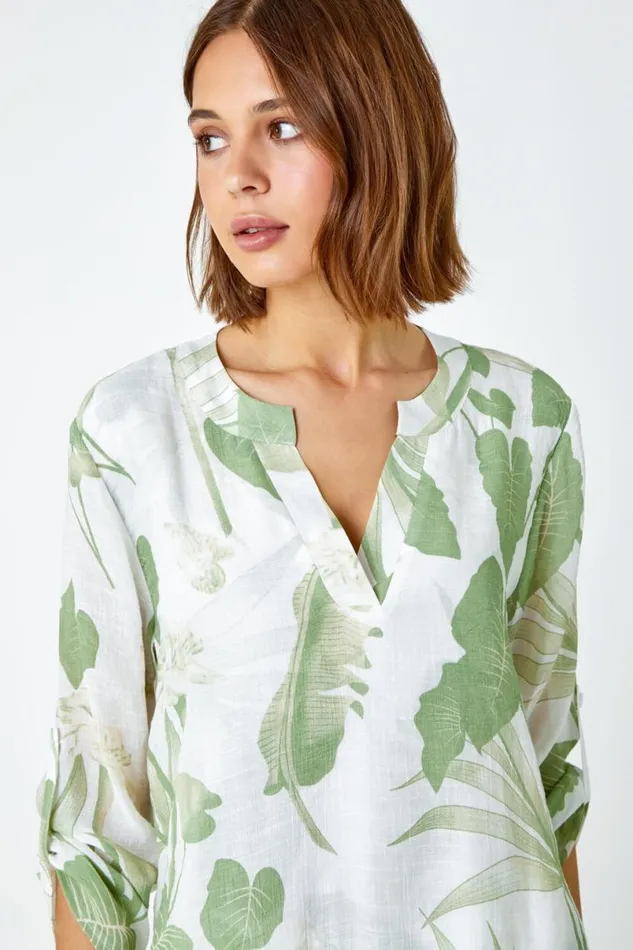 Green Palm Print Wrap Hem Tunic Top Women Roman Tops