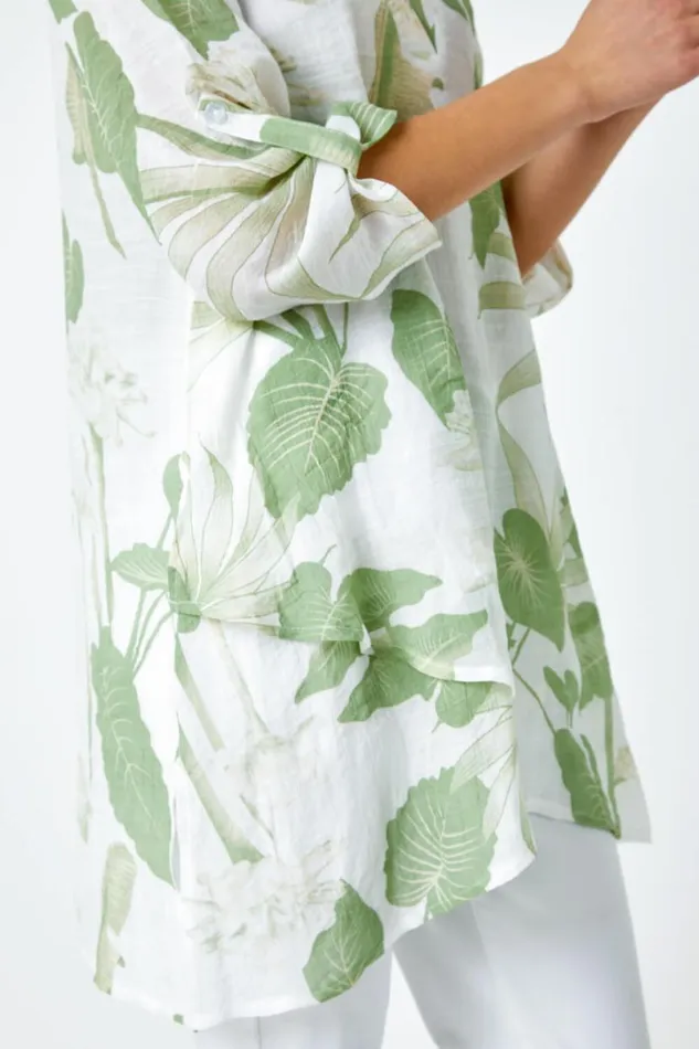 Green Palm Print Wrap Hem Tunic Top Women Roman Tops