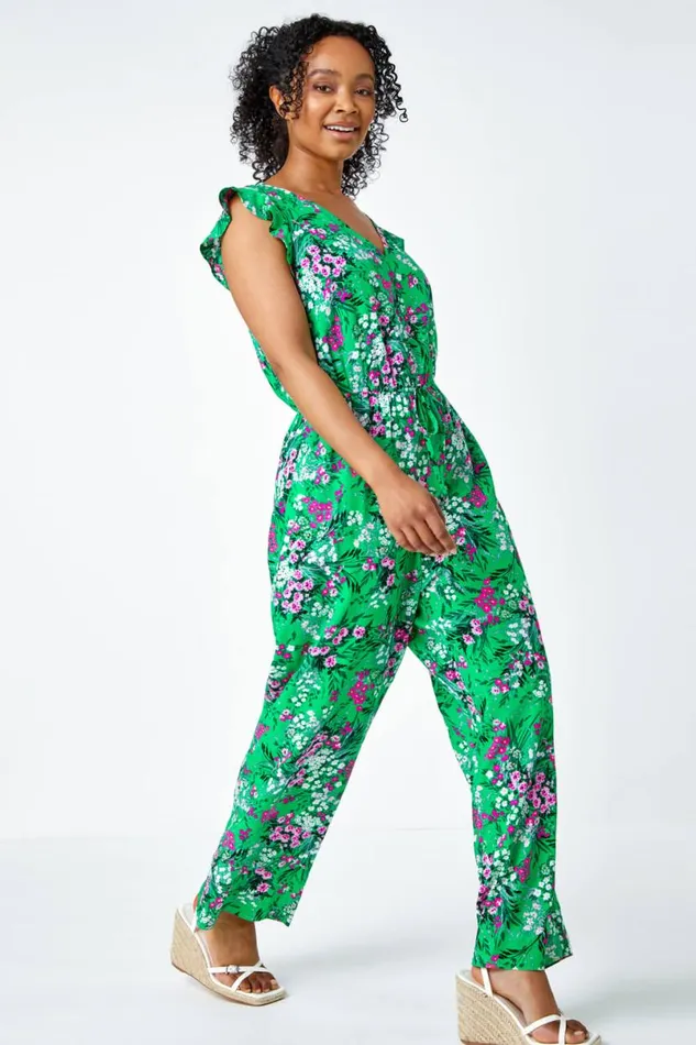 Green Petite Ditsy Floral Stretch Jumpsuit Women Roman Dresses