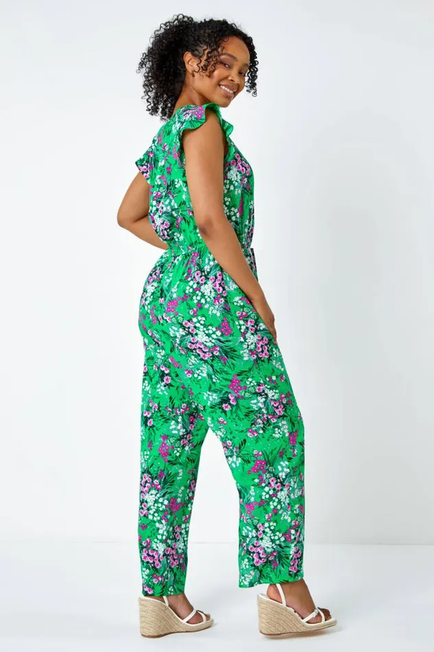 Green Petite Ditsy Floral Stretch Jumpsuit Women Roman Dresses