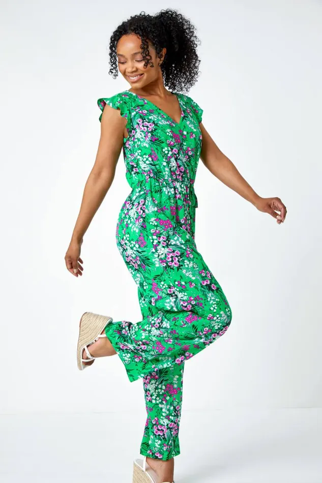Green Petite Ditsy Floral Stretch Jumpsuit Women Roman Dresses
