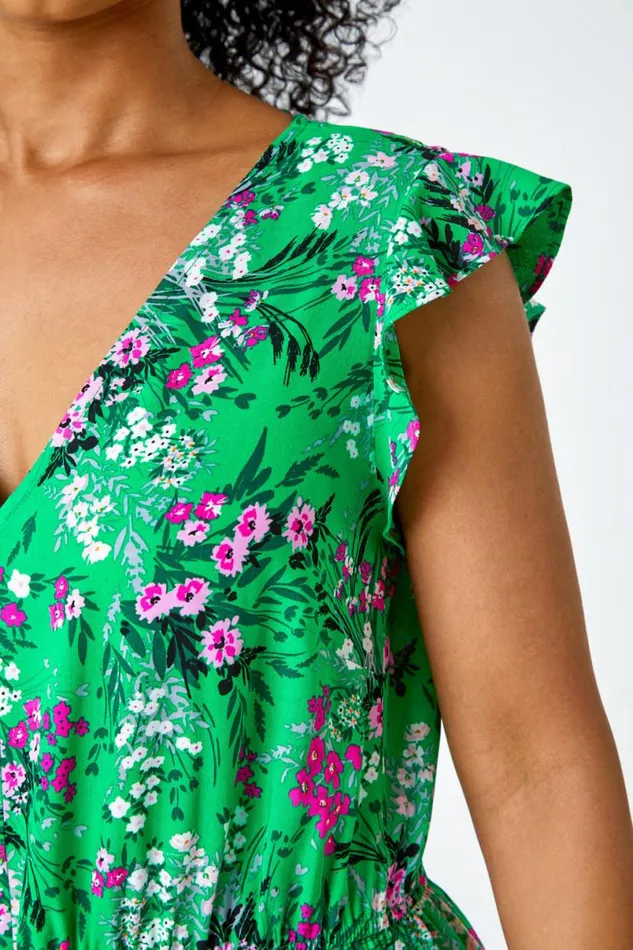 Green Petite Ditsy Floral Stretch Jumpsuit Women Roman Dresses