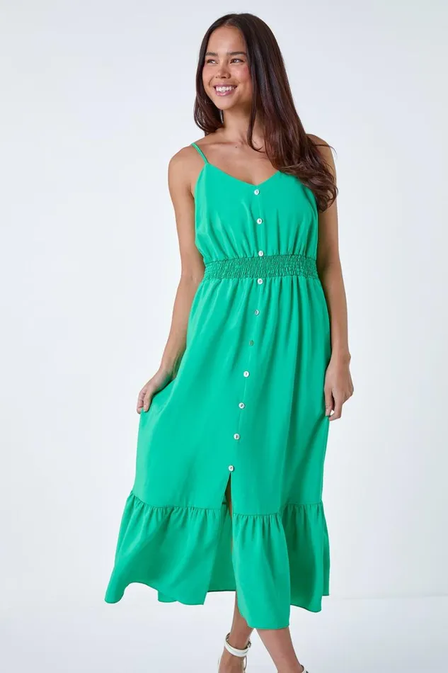 Green Petite Plain Shirred Button Detail Dress Women Roman Dresses