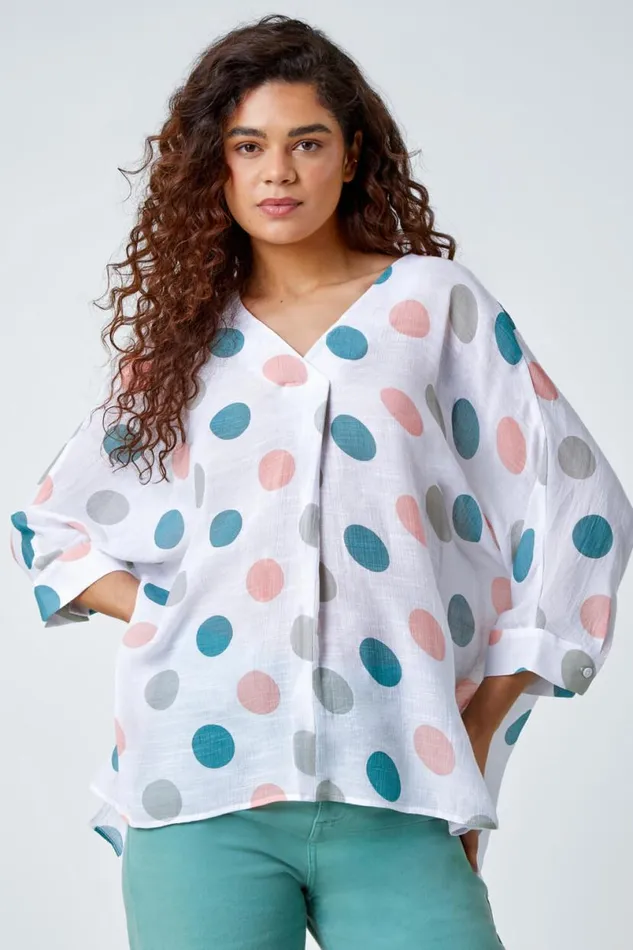 Green Polka Dot Print Pleat Front Top Women Roman Tops