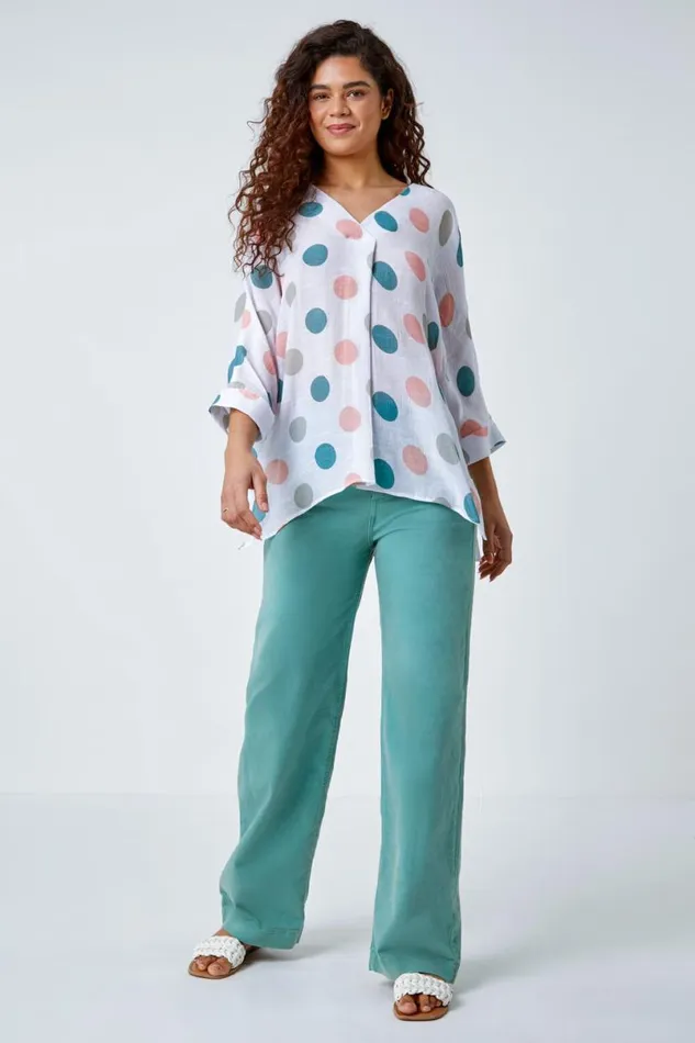 Green Polka Dot Print Pleat Front Top Women Roman Tops