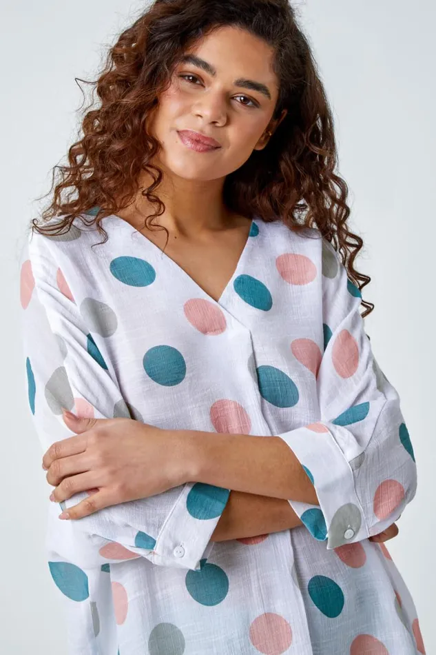 Green Polka Dot Print Pleat Front Top Women Roman Tops