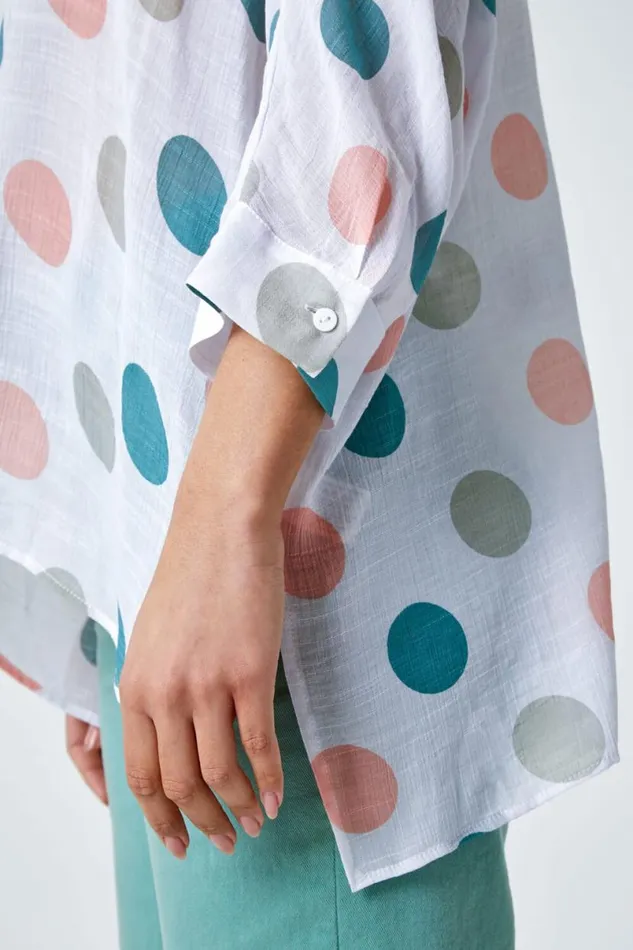 Green Polka Dot Print Pleat Front Top Women Roman Tops