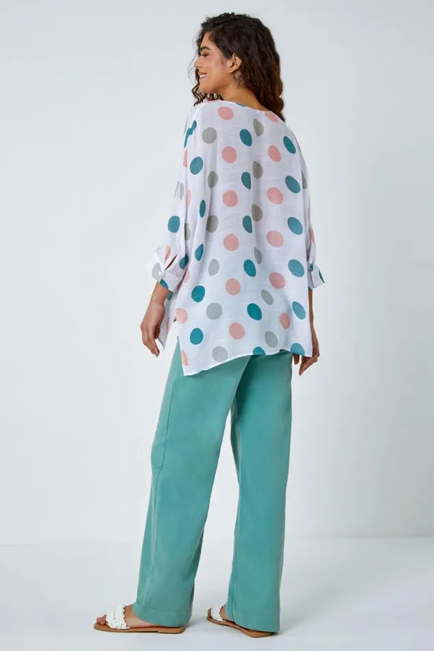 Green Polka Dot Print Pleat Front Top Women Roman Tops