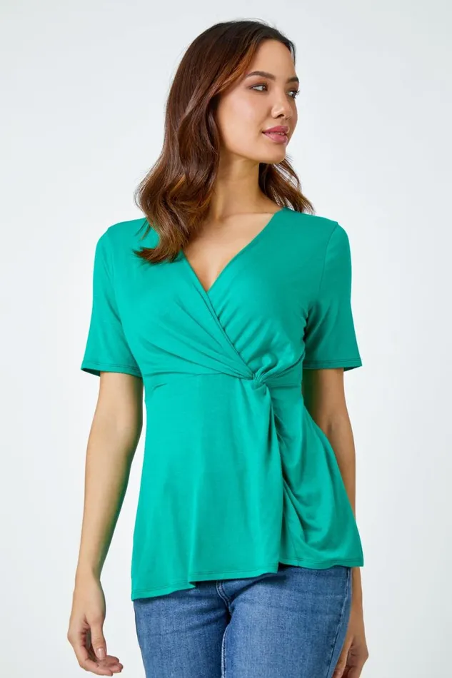 Green Side Twist VNeck Wrap Top Women Roman Tops