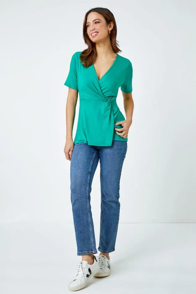 Green Side Twist VNeck Wrap Top Women Roman Tops