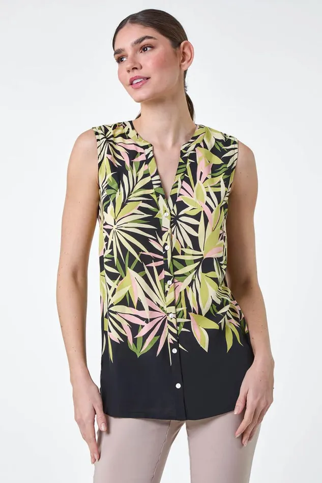 Green Sleeveless Leaf Print Blouse Women Roman Tops