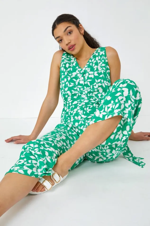 Green Sleeveless Leaf Print Button Jumpsuit Women Roman Dresses