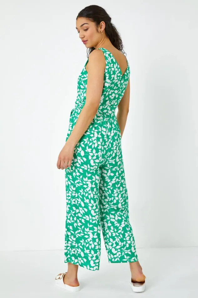 Green Sleeveless Leaf Print Button Jumpsuit Women Roman Dresses