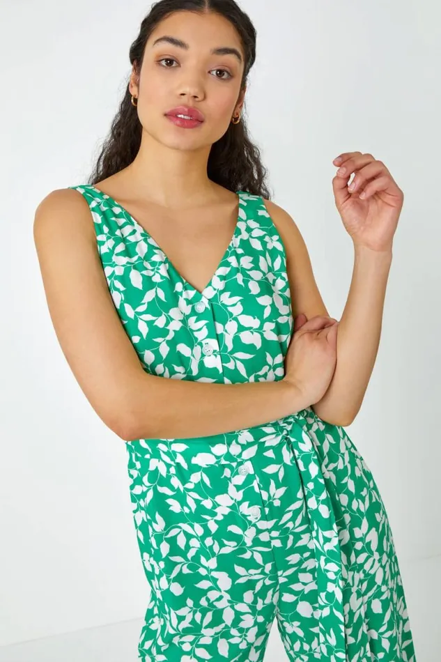 Green Sleeveless Leaf Print Button Jumpsuit Women Roman Dresses