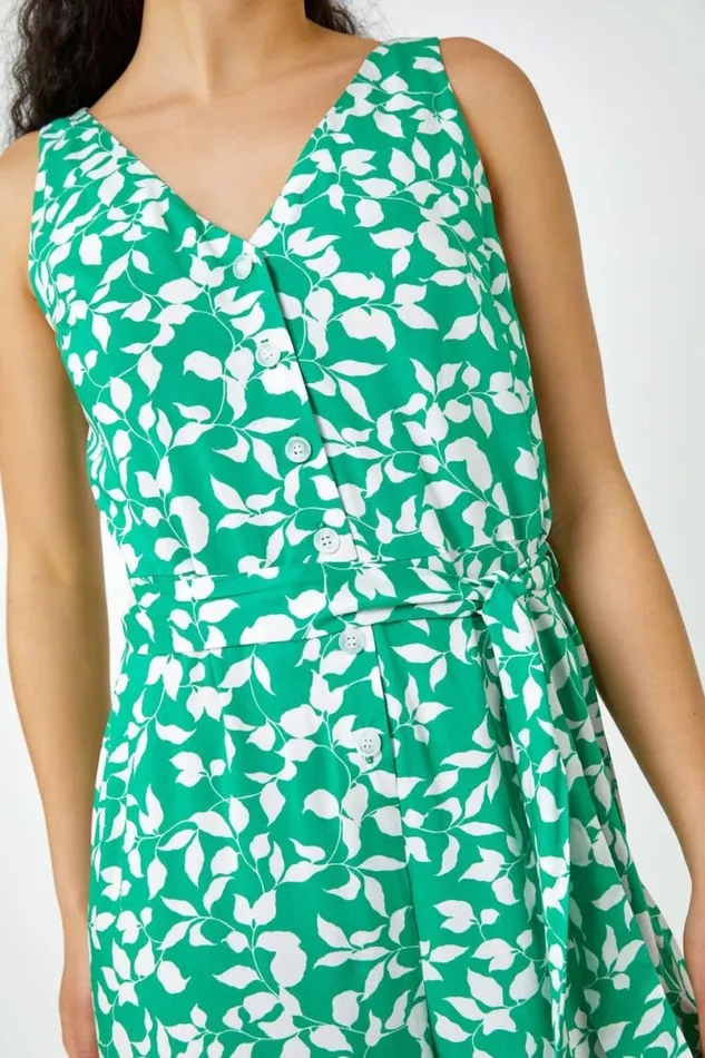 Green Sleeveless Leaf Print Button Jumpsuit Women Roman Dresses