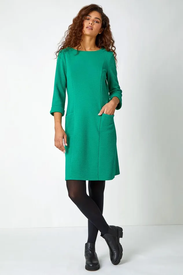 Green Textured Pocket Cotton Blend Shift Dress Women Roman Dresses