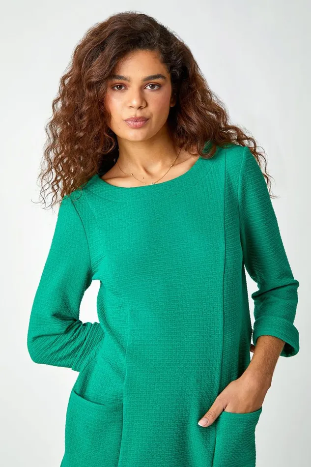 Green Textured Pocket Cotton Blend Shift Dress Women Roman Dresses