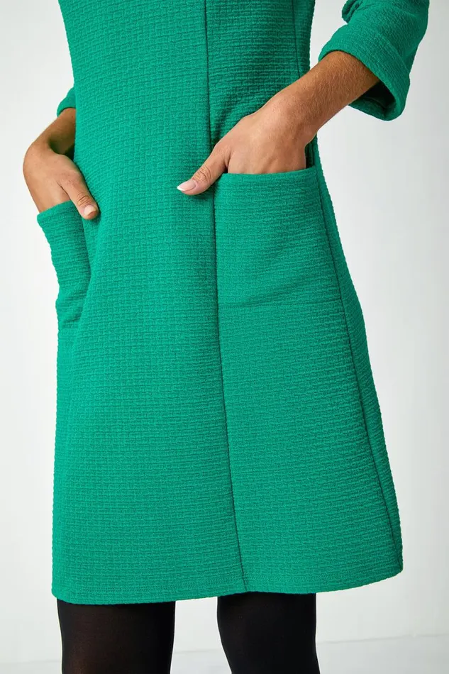 Green Textured Pocket Cotton Blend Shift Dress Women Roman Dresses