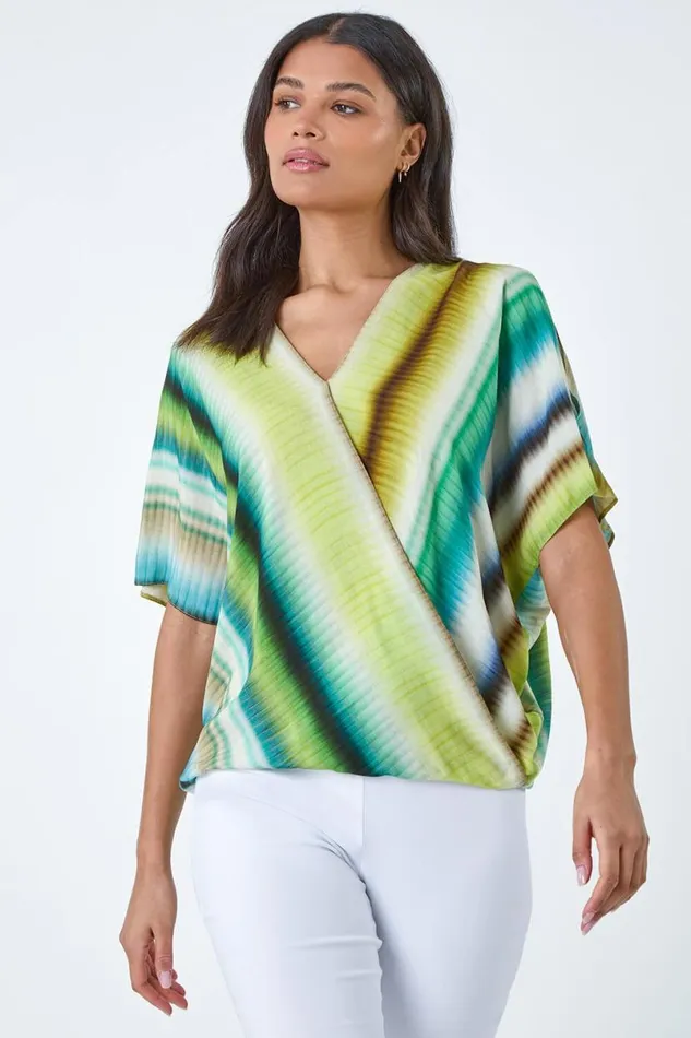 Green Tie Dye Stripe VNeck Wrap Top Women Roman Tops