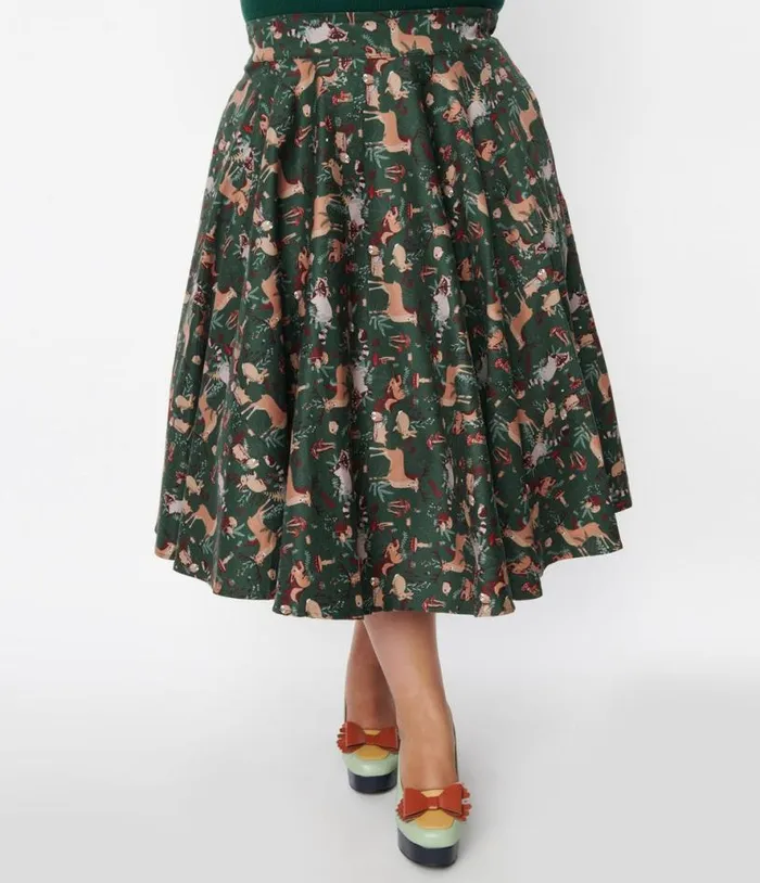 Green Woodland Creatures Swing Skirt ClothingPlus Unique Vintage Skirts