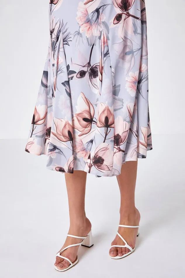 Grey Floral Bias Cut Fluted Hem Godet Midi Dress Women Roman Dresses
