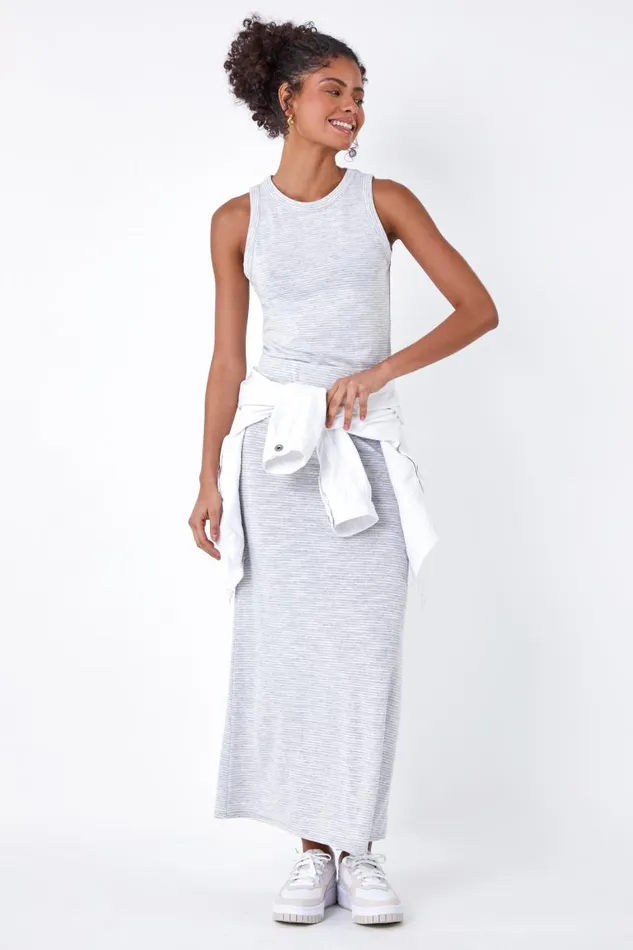 Grey Stripe Print Stretch Vest Top Women Roman Tops