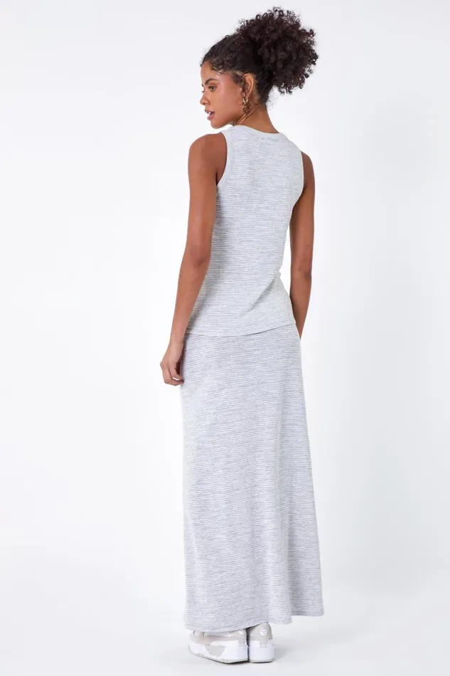 Grey Stripe Print Stretch Vest Top Women Roman Tops
