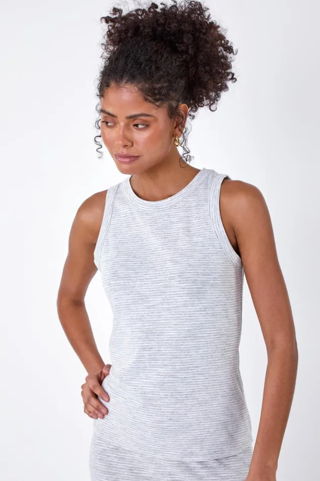 Grey Stripe Print Stretch Vest Top Women Roman Tops