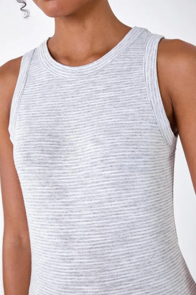 Grey Stripe Print Stretch Vest Top Women Roman Tops