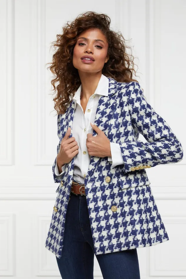 Holland Cooper Double Breasted Blazer Large Scale Navy Houndstooth Women Tailoring