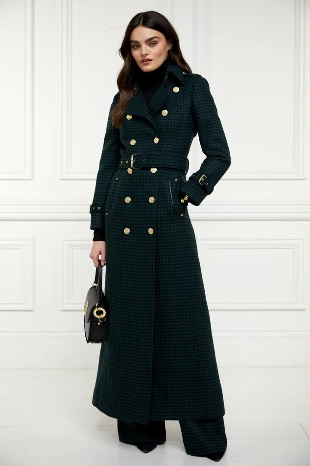 Holland Cooper Full Length Marlborough Trench Coat Emerald Houndstooth Women Tailoring