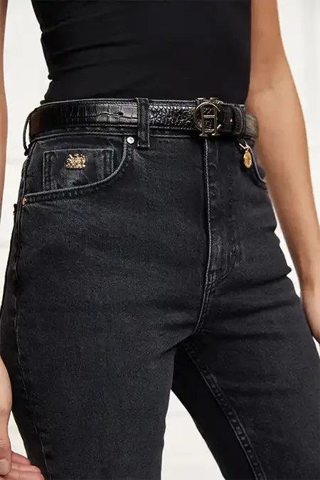 Holland Cooper HC Classic Slim Belt Black Croc Women Belts Holland Cooper HC Classic Slim Belt Black Croc Women Belts