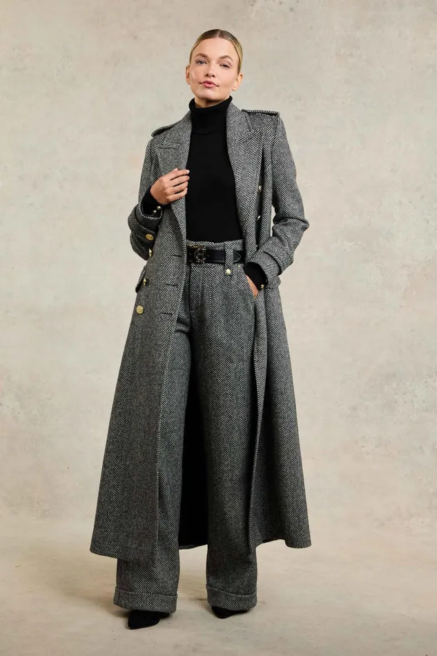 Holland Cooper High Waisted Wide Leg Trouser Wide Tooth Black Herringbone Women Tailoring Holland Cooper High Waisted Wide Leg Trouser Wide Tooth Black Herringbone Women Tailoring