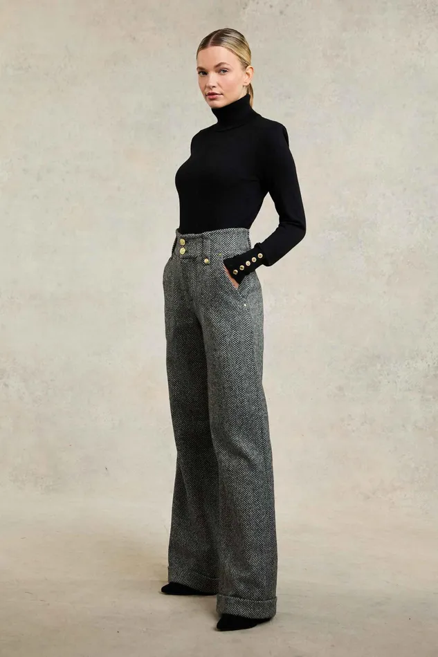 Holland Cooper High Waisted Wide Leg Trouser Wide Tooth Black Herringbone Women Tailoring Holland Cooper High Waisted Wide Leg Trouser Wide Tooth Black Herringbone Women Tailoring